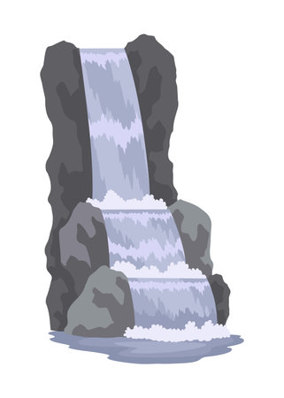 Cartoon river cascade waterfall. Landscape with mountains and trees. Design element for travel brochure or illustration mobile game. Fresh natural waterのイラスト素材