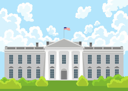 White House US presidential election American flag iconic building front view with garden trees blue sky clouds backgroundのイラスト素材