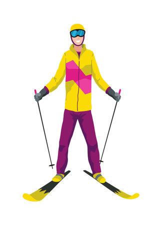 Skier, icon. Sportsman doing sport activity. People riding skis. Cartoon winter sport character, travel activity. Concept of vacation. Vector illustration isolated on white backgroundのイラスト素材