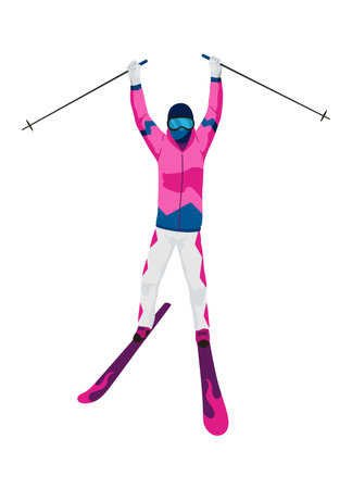 Skier, icon. Sportsman doing sport activity. People riding skis. Cartoon winter sport character, travel activity. Concept of vacation. Vector illustration isolated on white backgroundのイラスト素材