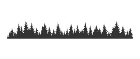 Fir trees silhouette. Coniferous spruce horizontal background pattern, black evergreen woods vector illustration. Beautiful hand drawn panorama of coniferous forestのイラスト素材