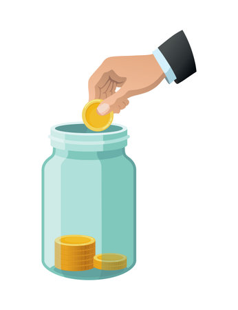 Investing bottle money, icon. Money growing concept, finance savings tree, finances investment. Money growing plant step with deposit coin in bank conceptのイラスト素材