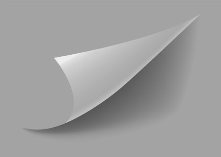 Curled paper corner. Curve page corner, page edge curl and bent paper sheet with realistic shadow. Paper corner fold isolated on white backgroundのイラスト素材