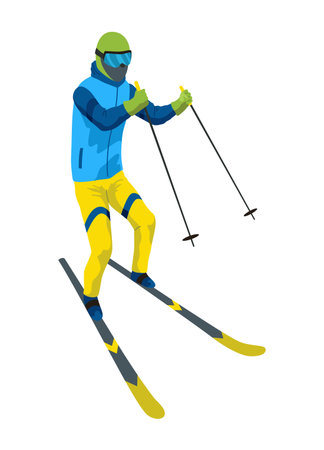 Skier, icon. Sportsman doing sport activity. People riding skis. Cartoon winter sport character, travel activity. Concept of vacation. Vector illustration isolated on white backgroundのイラスト素材