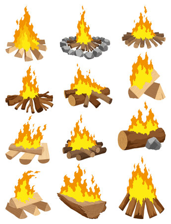 Fireplace campfire different types. Burning wood collection, travel and adventure symbol. Vector bonfire or woodfire in cartoon flat style set. Tourist bonfires in the diferent form of stackのイラスト素材