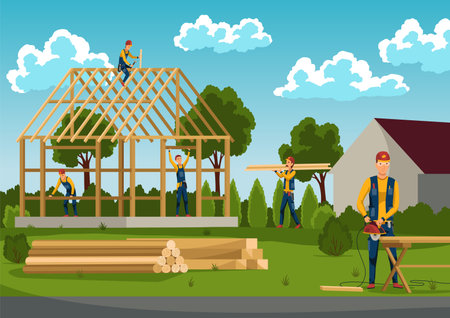 House building with workers team. New construction architecture, engineering on site. Work process with house on construction site. Vector cartoon illustrationのイラスト素材