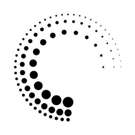 Halftone dotted speed lines circle. Geometric art in circle form. Round swirl movement symbol. Halftone circular dotted frame. Vector design elementsのイラスト素材
