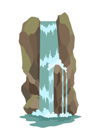 Cartoon river cascade waterfall. Landscape with mountains and trees. Design element for travel brochure or illustration mobile game. Fresh natural waterのイラスト素材