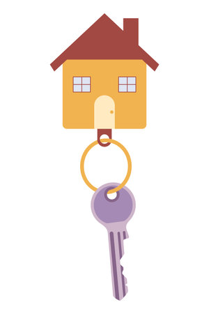 Door keys keyfob. Ring with trinket, keychains plastic tag hanging on keyring. House, apartment or room locking accessories. Cartoon flat vector isolated on white backgroundのイラスト素材