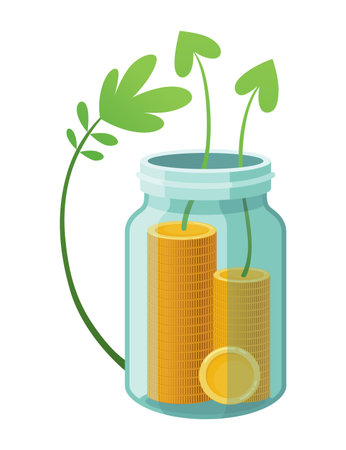 Investing bottle money, icon. Money growing concept, finance savings tree, finances investment. Money growing plant step with deposit coin in bank conceptのイラスト素材