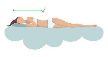 Correct sleeping body posture. Healthy sleeping position spine on orthopedic mattress and pillow. Caring for health of back, neck. Vector illustrationのイラスト素材