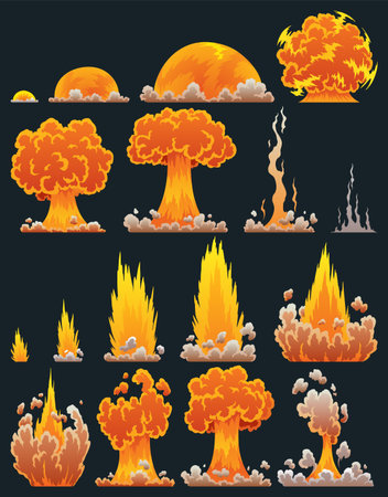 Explosion animation. Animation for game of the explosion effect. Cartoon animation for game. Exploding effect frames. Hand drawn vector illustrationのイラスト素材