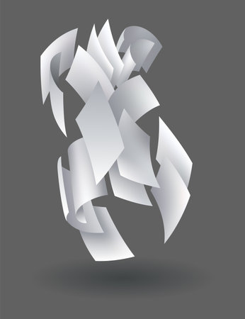 Falling paper sheets. Set of flying curved leaves of paper. Vector loose soar of notes with curled edges. Fly scattered notes, empty chaotic paperworkのイラスト素材