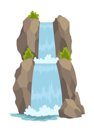 Cartoon river cascade waterfall. Landscape with mountains and trees. Design element for travel brochure or illustration mobile game. Fresh natural waterのイラスト素材