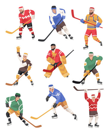 Ice hockey players. Athletes in uniform, dynamic poses, team sports on ice, winter game, clubs and pucks, goalkeepers, defenders and forwards, cartoon flat style isolated vector setのイラスト素材