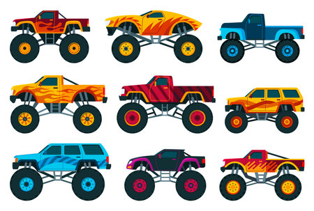 Monster trucks set. Bright colorful cartoon auto with big wheels. Heavy cars with large tires and black tinted windows. Isolated rally 4x4 computer or mobile gameのイラスト素材
