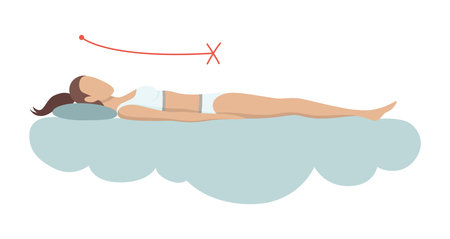 Incorrect sleeping body posture. Not healthy sleeping position spine in various mattresses and pillow. Caring for health of back, neck. Vector illustrationのイラスト素材