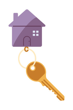 Door keys keyfob. Ring with trinket, keychains plastic tag hanging on keyring. House, apartment or room locking accessories. Cartoon flat vector isolated on white backgroundのイラスト素材