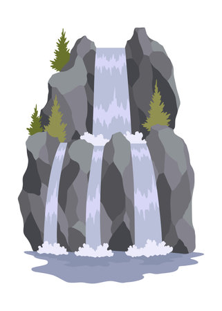 Cartoon river cascade waterfall. Landscape with mountains and trees. Design element for travel brochure or illustration mobile game. Fresh natural waterのイラスト素材