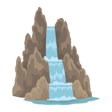 Cartoon river cascade waterfall. Landscape with mountains and trees. Design element for travel brochure or illustration mobile game. Fresh natural waterのイラスト素材