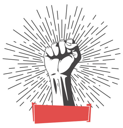 Rised fist hand gesture emblem. Vector hand clenched into fist and rising up, symbol isolated on white background. Power sign. Human hand up in the airのイラスト素材