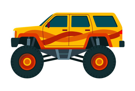 Monster truck. Bright colorful cartoon auto with big wheels. Heavy car with large tires and black tinted windows. Isolated rally 4x4 computer or mobile gameのイラスト素材
