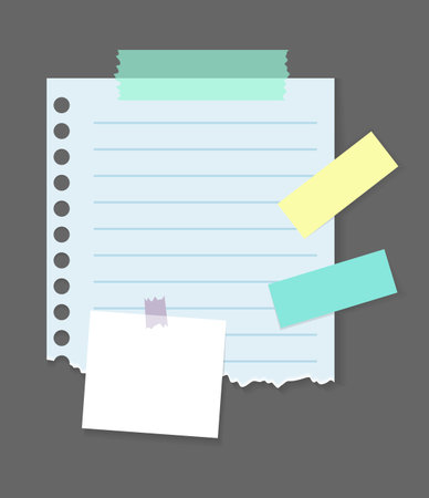 Paper notes stickers. Place for memo messages on paper sheets. Attached with sticky colorful tape on grey background isolated vector illustrationのイラスト素材