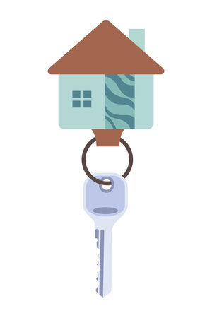 Door keys keyfob. Ring with trinket, keychains plastic tag hanging on keyring. House, apartment or room locking accessories. Cartoon flat vector isolated on white backgroundのイラスト素材