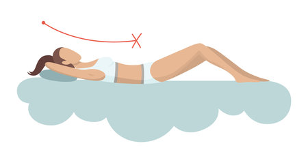 Incorrect sleeping body posture. Not healthy sleeping position spine in various mattresses and pillow. Caring for health of back, neck. Vector illustrationのイラスト素材