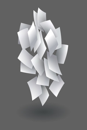 Falling paper sheets. Set of flying curved leaves of paper. Vector loose soar of notes with curled edges. Fly scattered notes, empty chaotic paperworkのイラスト素材
