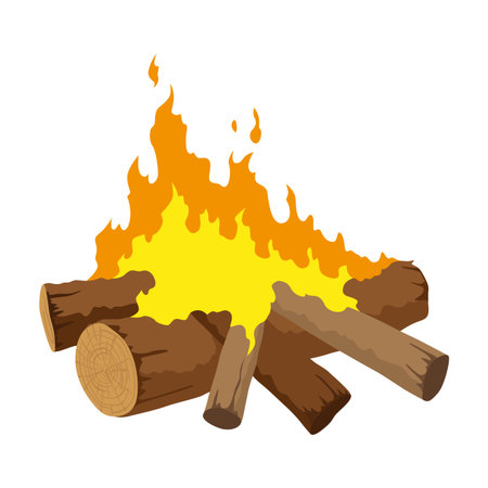 Fireplace campfire type. Burning wood, travel and adventure symbol. Vector bonfire or woodfire in cartoon flat style. Tourist bonfires in stackのイラスト素材