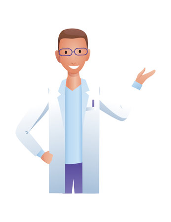 Male doctor, medical specialist cartoon avatar. Funny happy man general practitioner at work. Hospital doctor, cartoon cute healthcare worker vector illustrationのイラスト素材