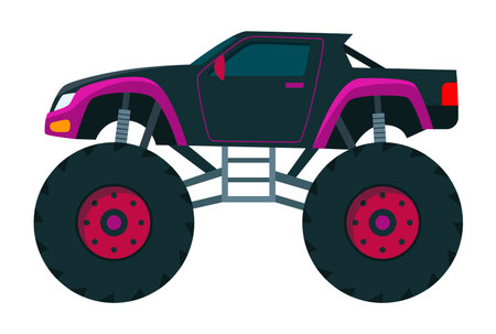 Monster truck. Bright colorful cartoon auto with big wheels. Heavy car with large tires and black tinted windows. Isolated rally 4x4 computer or mobile gameのイラスト素材
