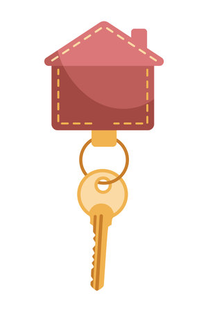 Door keys keyfob. Ring with trinket, keychains plastic tag hanging on keyring. House, apartment or room locking accessories. Cartoon flat vector isolated on white backgroundのイラスト素材