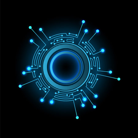 Circuit board circle frame. Abstract digital round frame, hardware board and electronic motherboard pattern vector. Programming science, computer system elementのイラスト素材