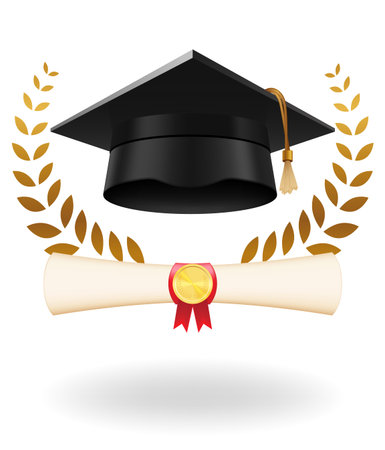 Graduation cap and rolled diploma scroll with stamp. Finish education concept. Academic hat with tassel and university degree certificate. Vector illustration for announcement banner poster or のイラスト素材