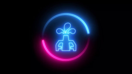 Oil rig icon with glowing neon line isolated on black background. Gas tower. abstract illustration background.の写真素材