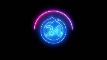 Glowing neon line with speedometer speed time clock icon in blue neon style. abstract illustration...