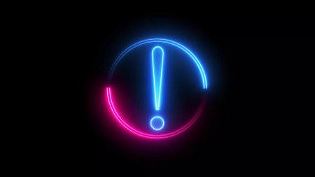 Blue and pink color glowing neon line circle with exclamation mark. black background. illustration abstract backgroundの写真素材