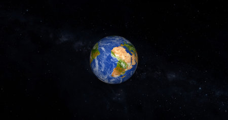 Beautiful green 3d earth on space. .front view of the earth from space with clouds and green landscapes full view earth 4k resolution.の写真素材