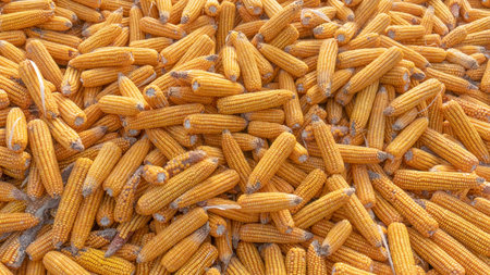 Heap of healthy yellow corn. ripe grains drying. Ripe corn grains on cob.の写真素材