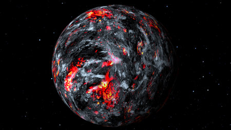 Lava planet in space. Earth planet become a lava planet. Global warming effect on earth.の写真素材