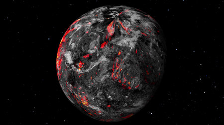 Lava planet in space. Earth planet become a lava planet. Global warming effect on earth.の写真素材
