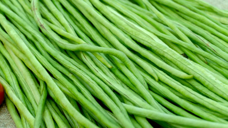 Fresh vegetable in the street market. Healthy green long beans in the market.の写真素材
