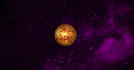 Solar System Concept. View of Full Big Planet Venus from Space on a black sky background.Venus surface without clouds. Title space on the right. Realistic 3D render of Venus and stars.Venus surface without clouds. Title space on the right. Realistic 3D render of Venus and stars.の写真素材