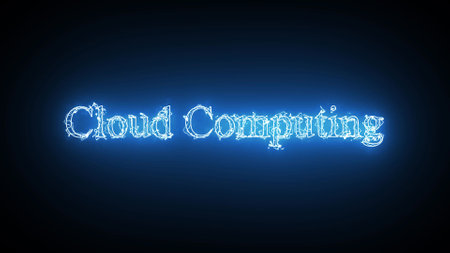 Blue color abstract neon glowing Cloud Computing text icon on black background.の写真素材