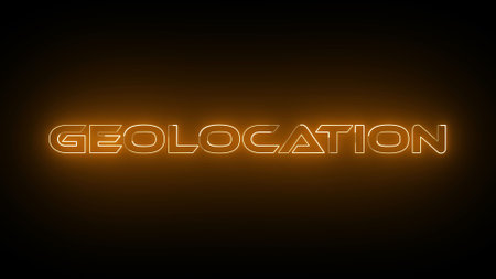Red color neon glowing geolocation icon isolated on black background.の写真素材