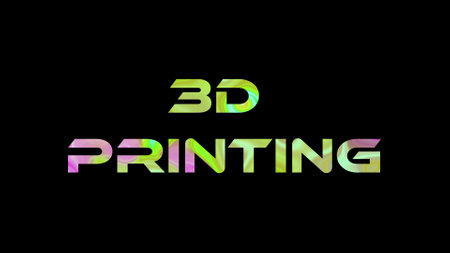 3D printing text on black background. Multicolored glossy technological word written on black.の写真素材
