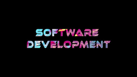 Software Development text on black background. Multicolored glossy technological word written on black.の写真素材