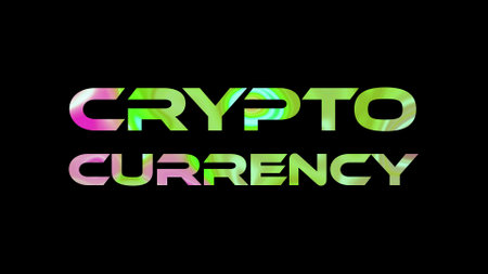 Crypto currency text on black background. Multicolored glossy technological word written on black.の写真素材